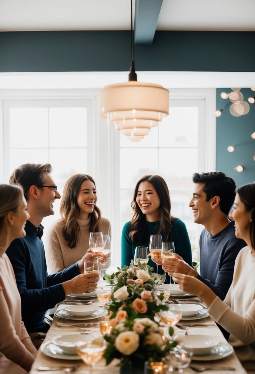 A small group of people gathered around a beautifully decorated table, laughing and enjoying each other's company