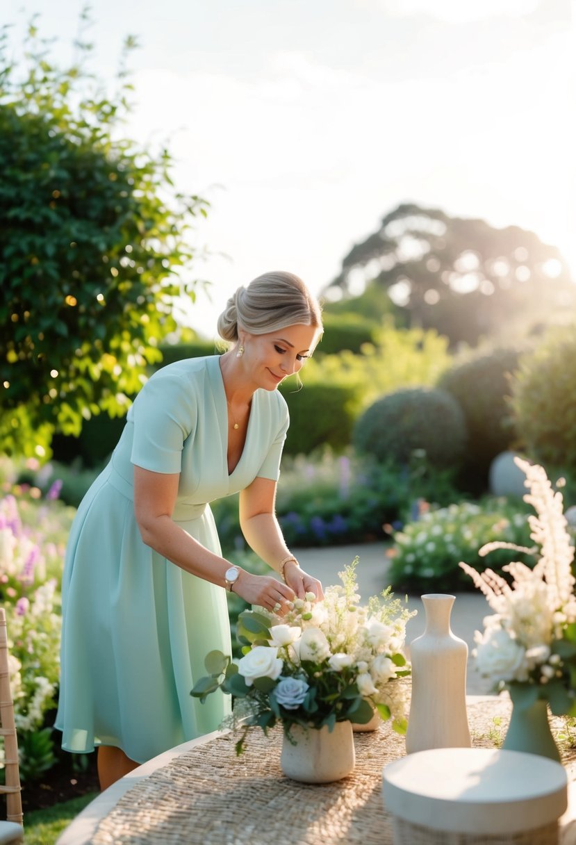 A serene wedding planner calmly arranging decor in a peaceful, sunlit garden