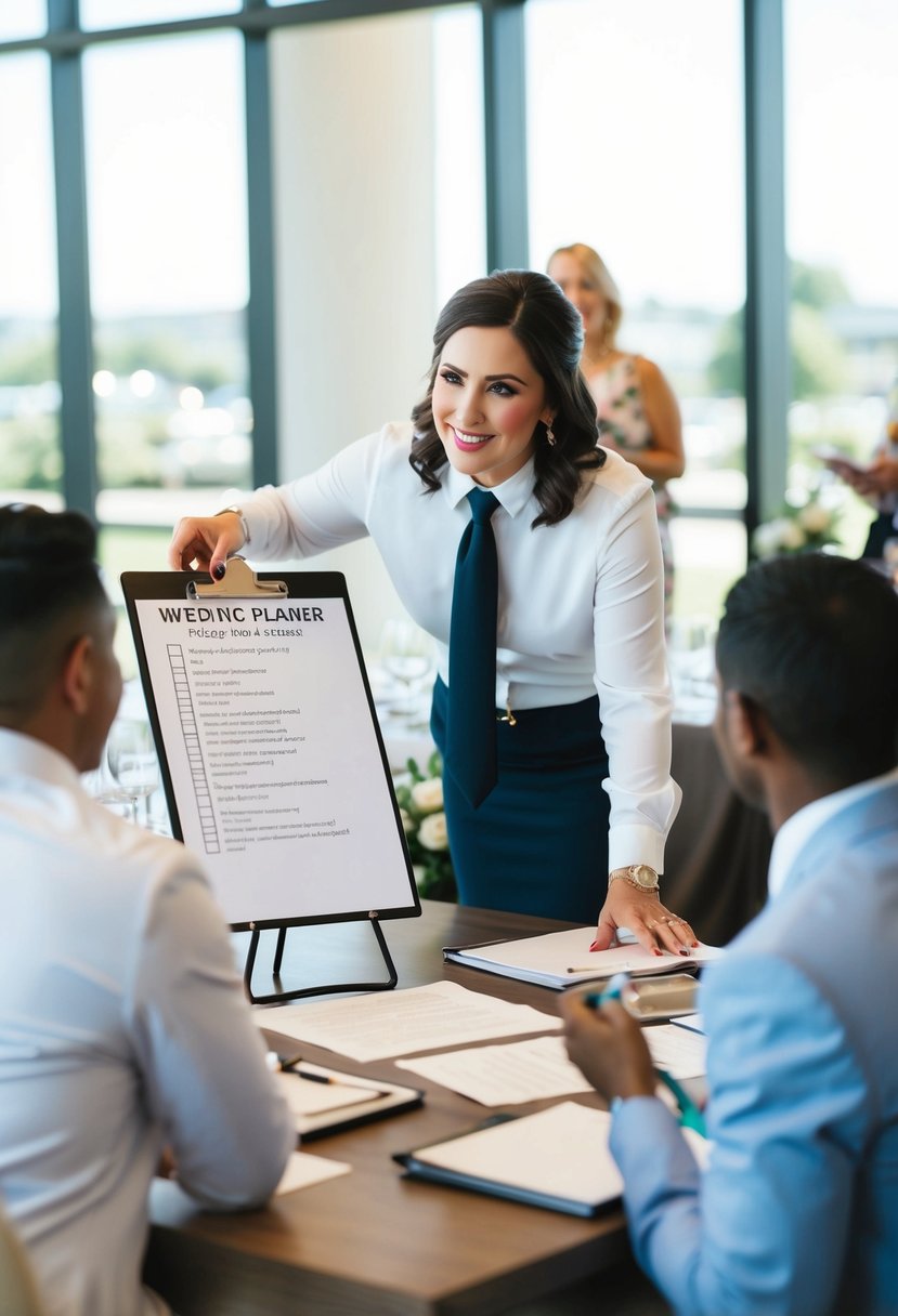 A wedding planner organizing a large event with a checklist and coordinating vendors