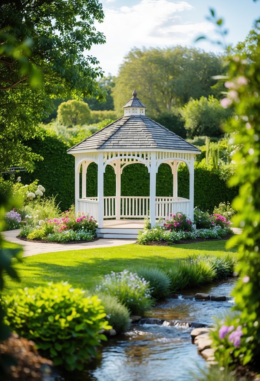 A picturesque garden with a flower-covered gazebo, surrounded by lush greenery and a gentle stream, provides the perfect venue for a convenient and intimate wedding ceremony