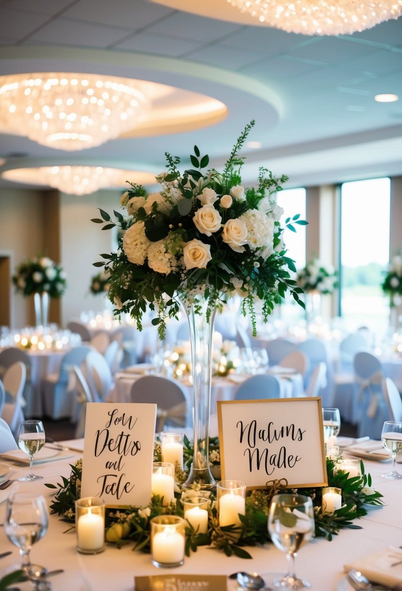 A wedding venue adorned with personalized decorations, including custom-made centerpieces and hand-painted signs