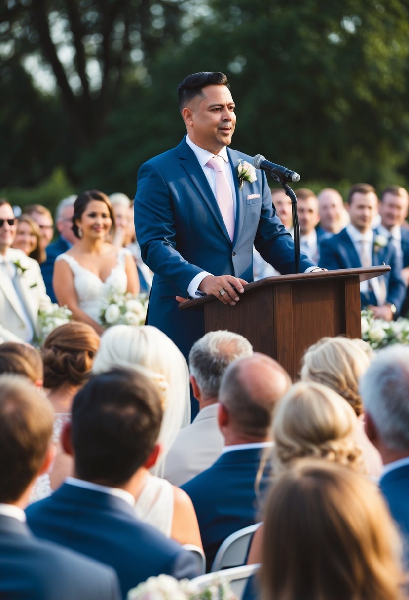 A person standing at a podium, addressing a crowd of guests at a wedding ceremony. The audience is engaged and attentive, listening to the speaker's tips