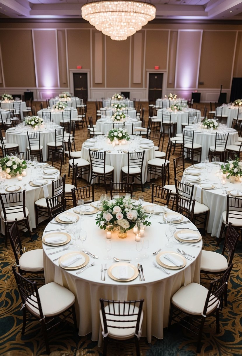 A large reception hall with round tables arranged in a circular pattern, each adorned with white tablecloths and floral centerpieces