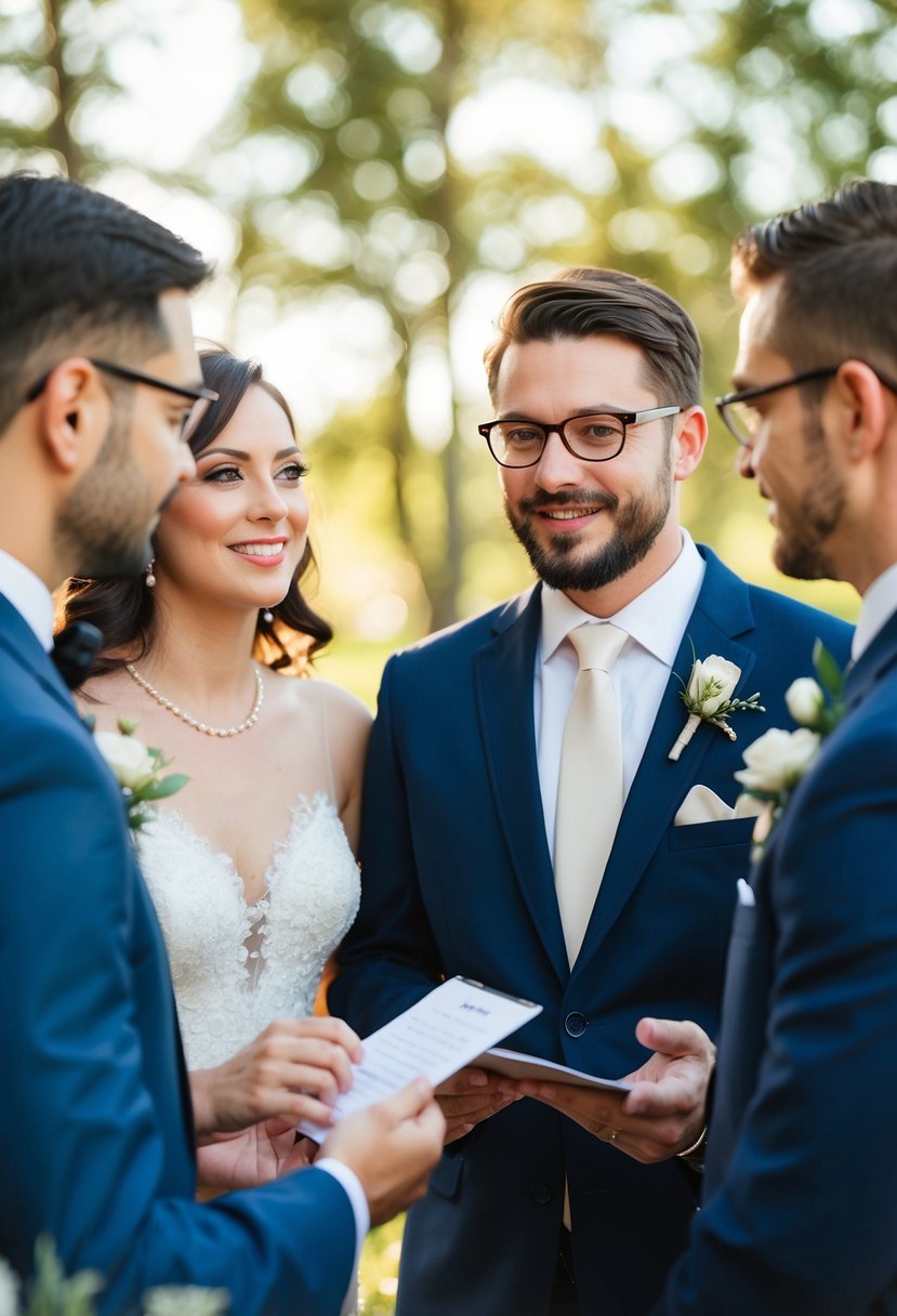 The officiant and couple discussing wedding ceremony details