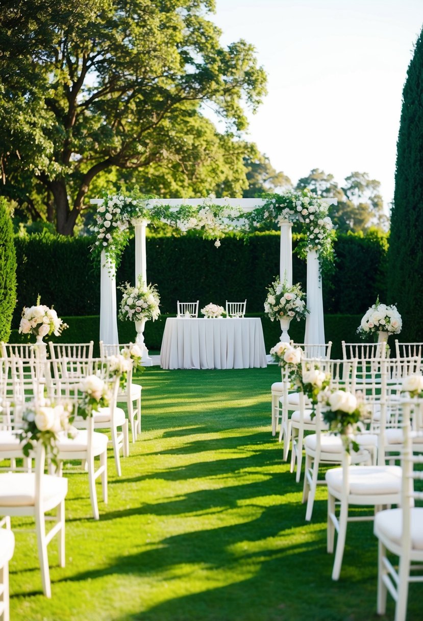 A grand outdoor wedding with a lush garden, elegant decor, and a beautiful archway for the ceremony