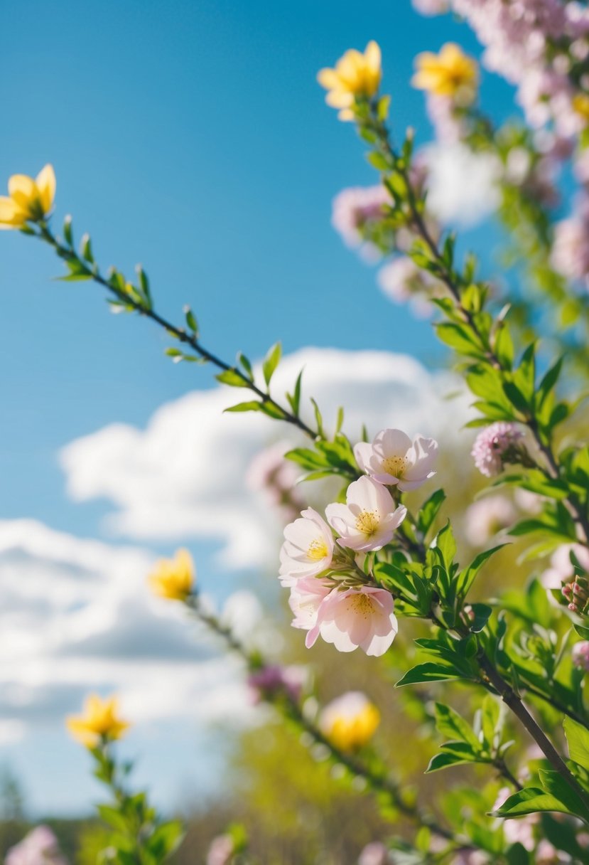 An outdoor setting in the spring, with blooming flowers and greenery, a sunny sky, and a gentle breeze