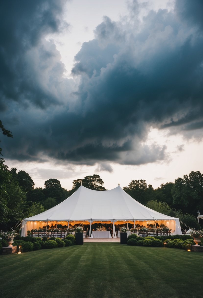 A grand outdoor wedding venue with dark clouds looming overhead, surrounded by lush greenery and a large tent set up for the reception