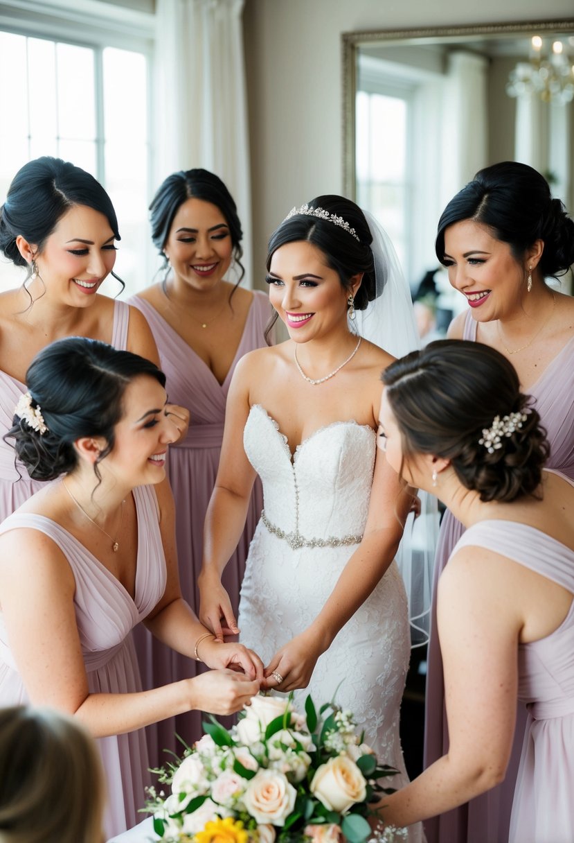 A group of bridesmaids helping the bride get ready, surrounded by dresses, flowers, and makeup