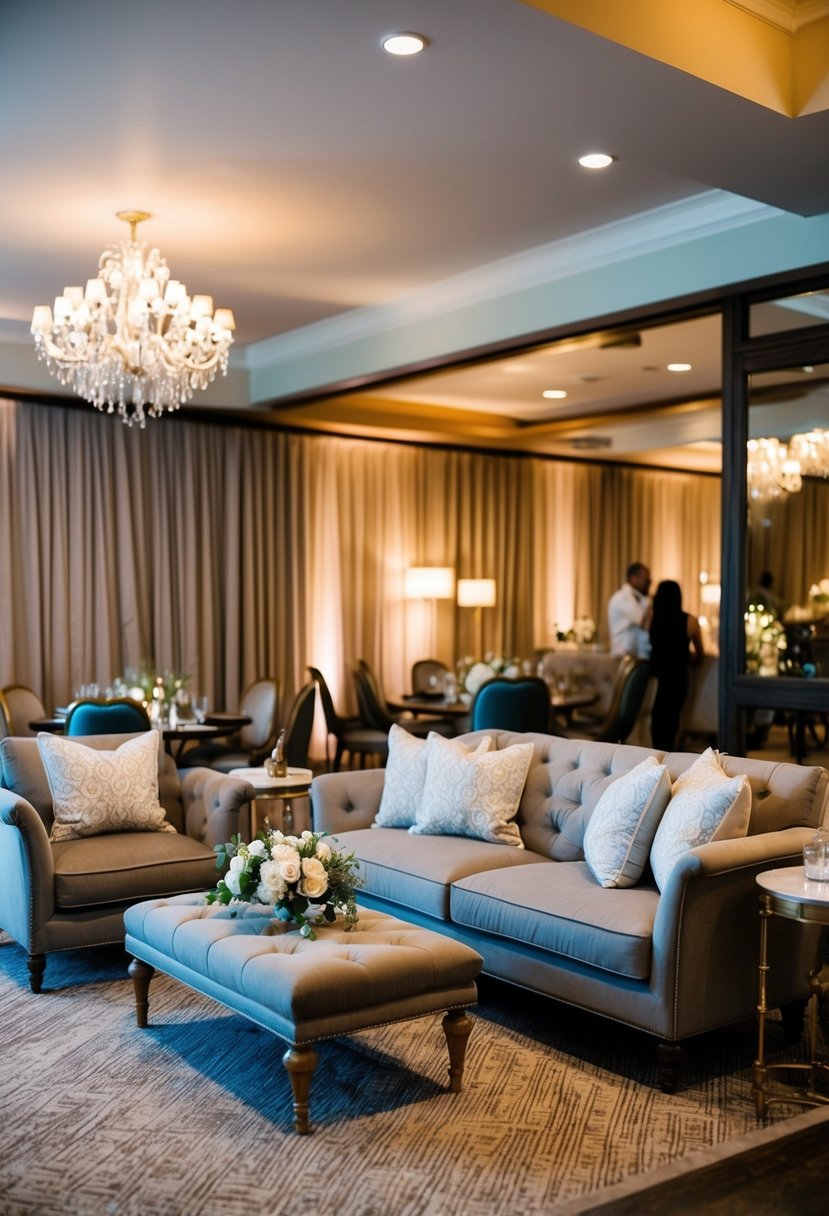 A cozy lounge area with plush seating, soft lighting, and elegant decor, creating a welcoming atmosphere for guests at a big wedding