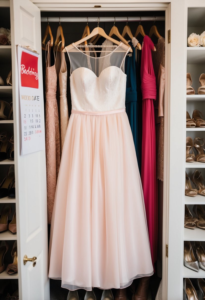 A bridesmaid dress hanging neatly in a closet, surrounded by shoes and accessories, with a calendar showing the wedding date circled in red