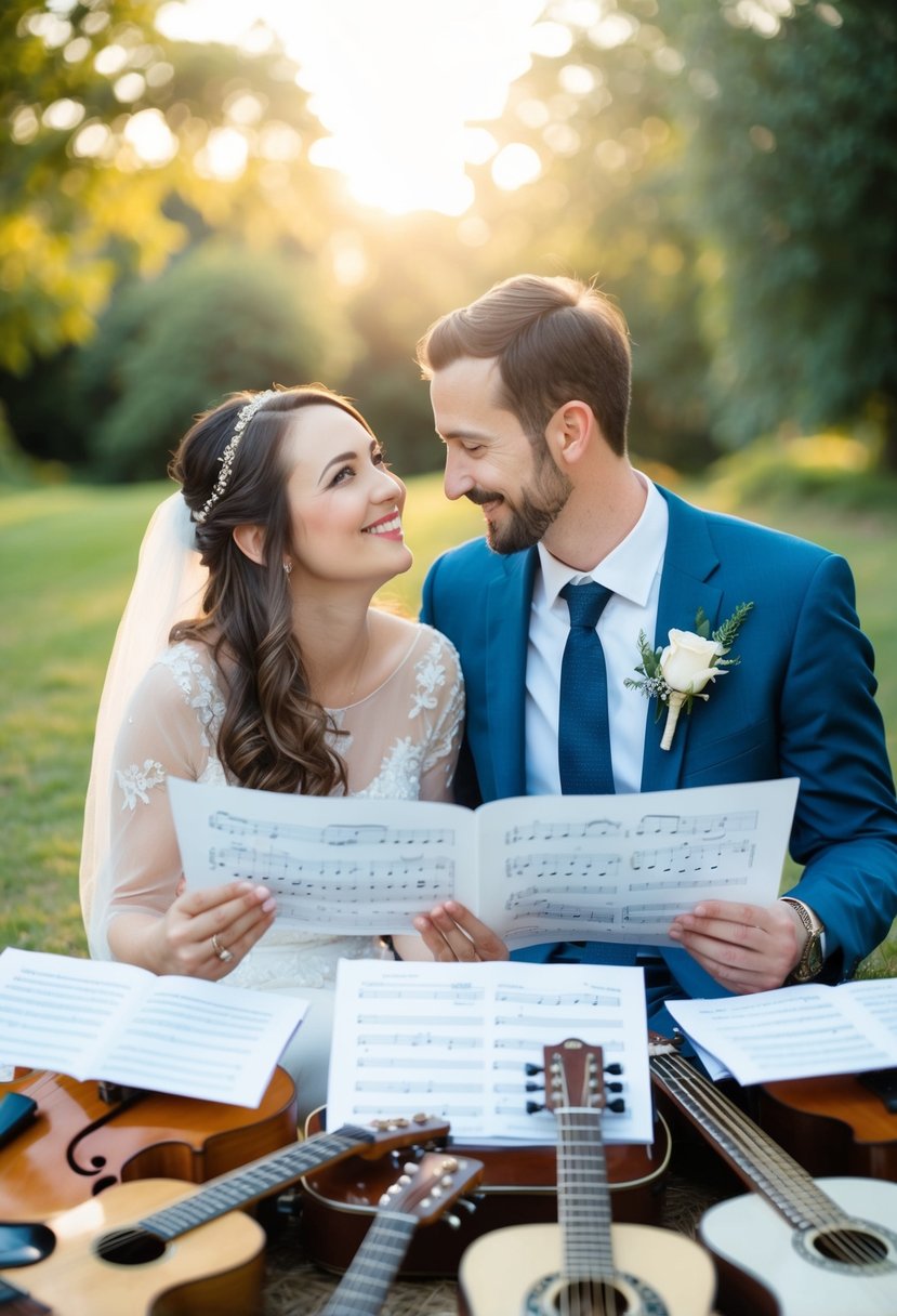 A couple sits together, surrounded by musical instruments and sheet music. Their faces light up as they find the perfect song to integrate into their wedding ceremony