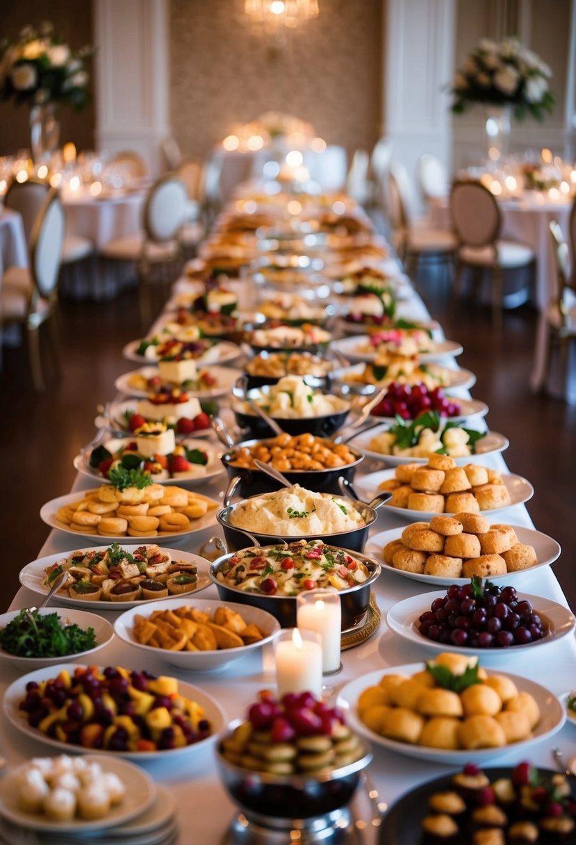 A lavish banquet spread with a variety of food options, from elegant hors d'oeuvres to decadent desserts, set up for a big wedding reception