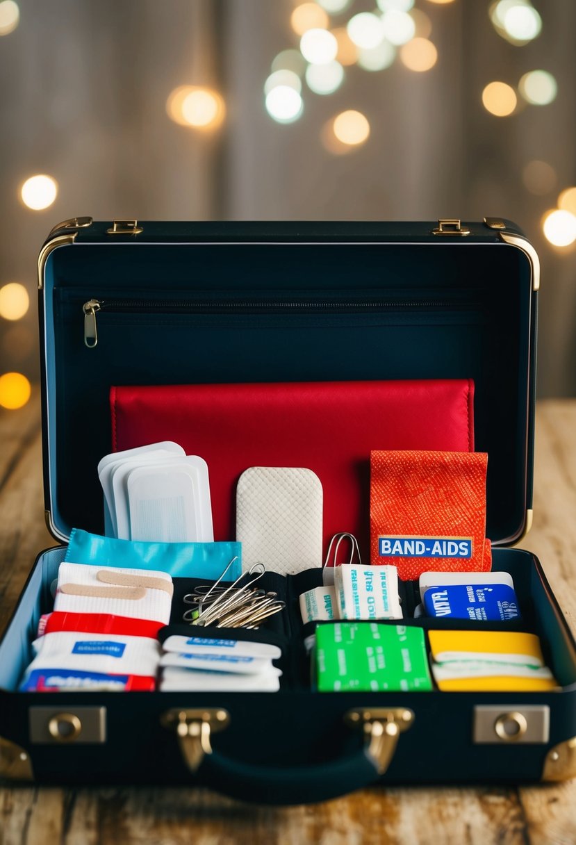 An open suitcase filled with band-aids, safety pins, and other emergency essentials