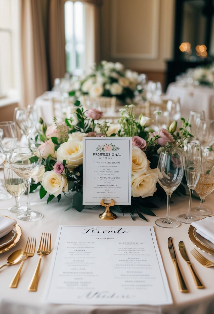 A table with a schedule of events for the wedding ceremony and reception, surrounded by floral decorations and elegant place settings