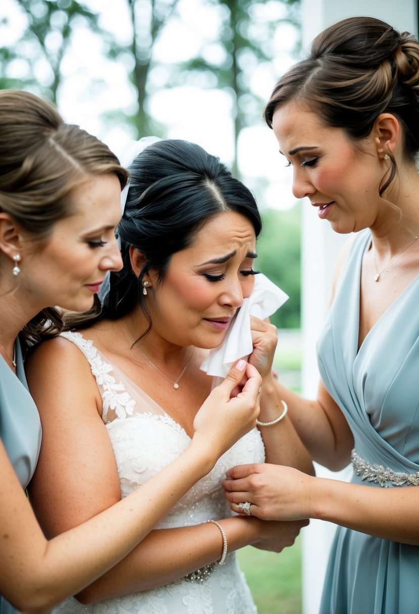 A bridesmaid holding a tissue and comforting the bride with a gentle hug as she gets emotional on her wedding day