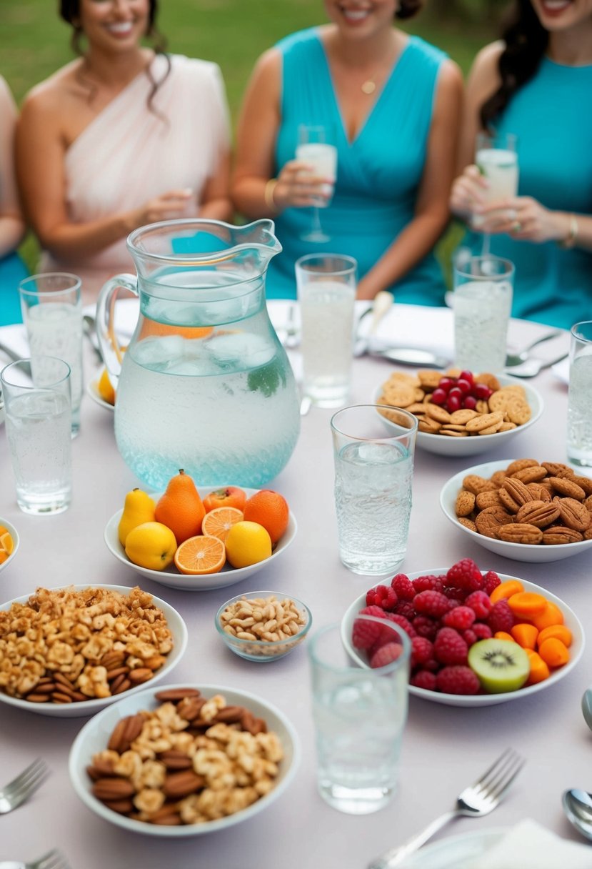 A table set with a pitcher of water, glasses, and a variety of snacks, such as fruit, nuts, and granola bars, ready for bridesmaids on wedding day