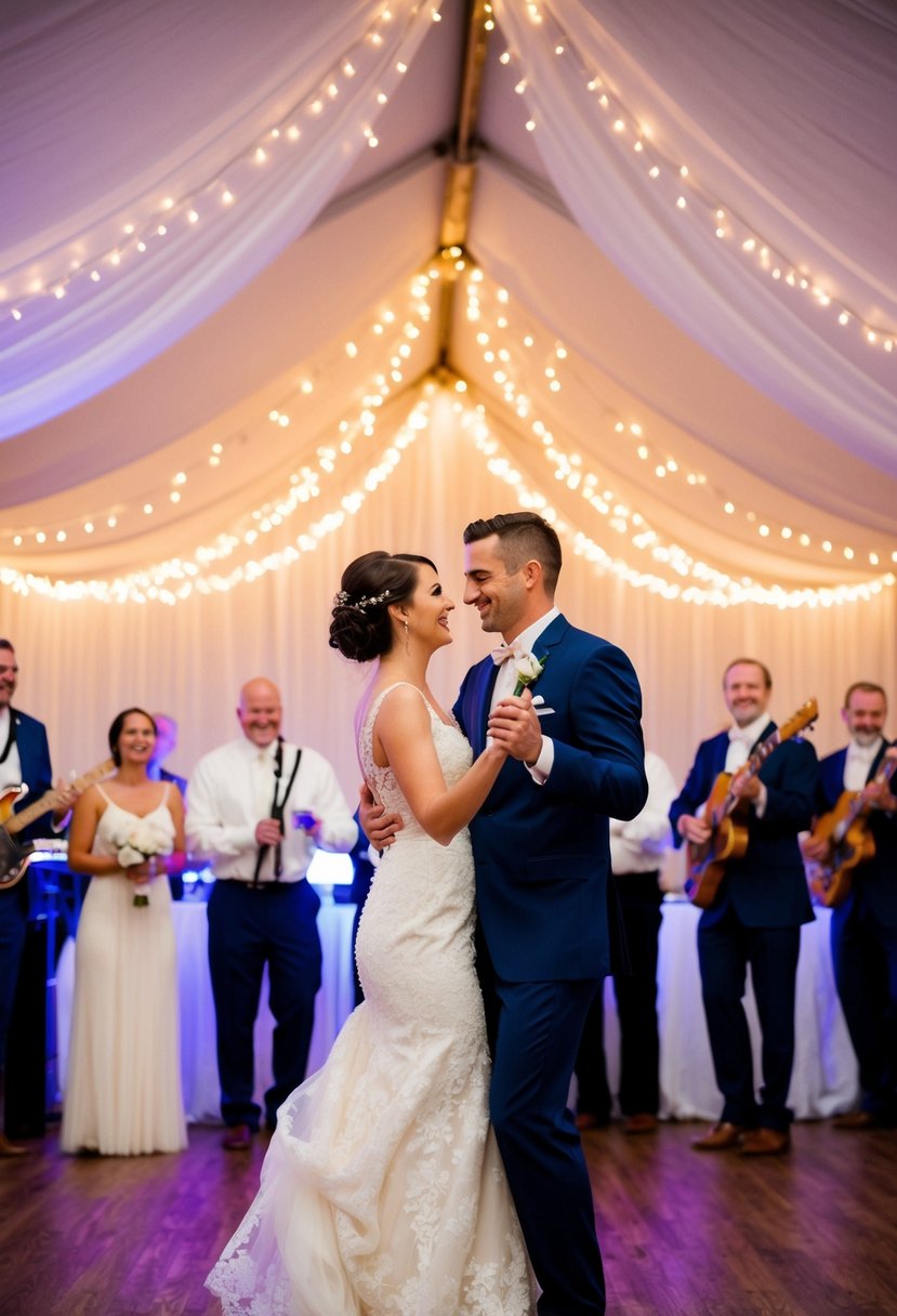 A bride and groom dance under twinkling lights at their wedding reception, surrounded by smiling guests and a live band playing meaningful music selections