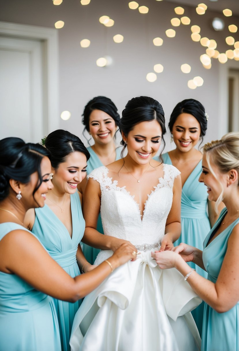 Bridesmaids happily assisting the bride with her dress and accessories, smiling and chatting in a supportive and cooperative manner