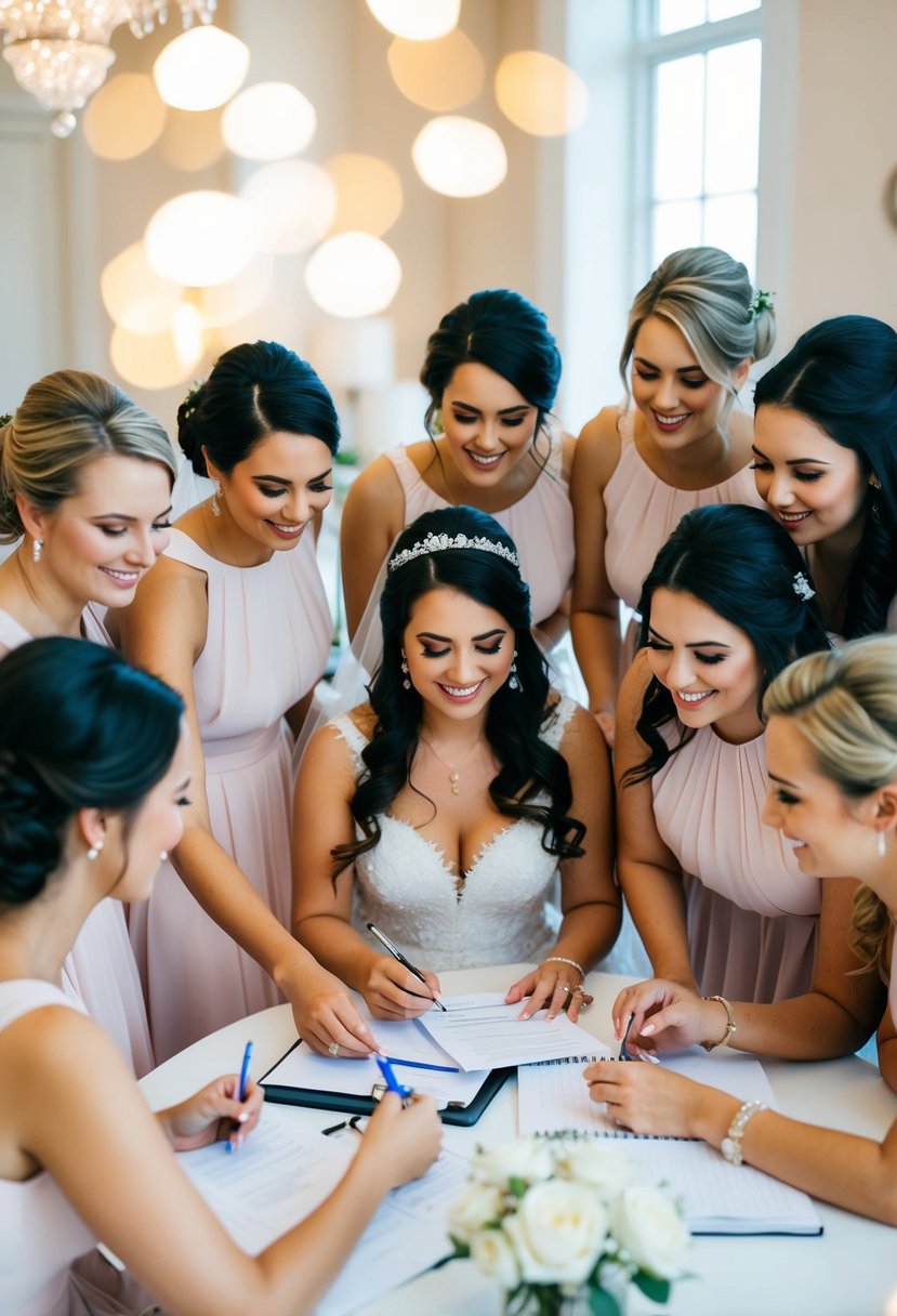 Bride surrounded by bridesmaids, planning events and appointments. Tips shared and schedules organized