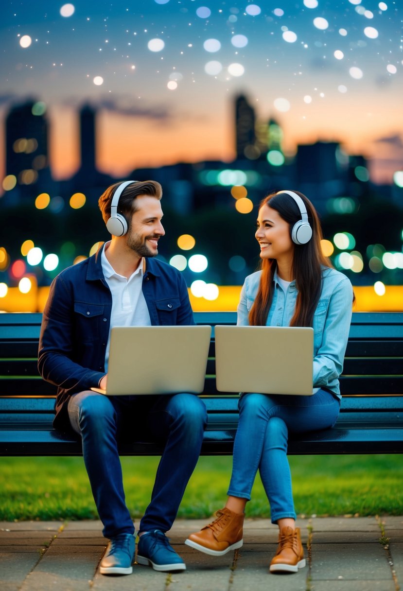 A couple sits on a park bench, each with a laptop and headphones, video chatting with each other against a backdrop of city lights and a starry sky