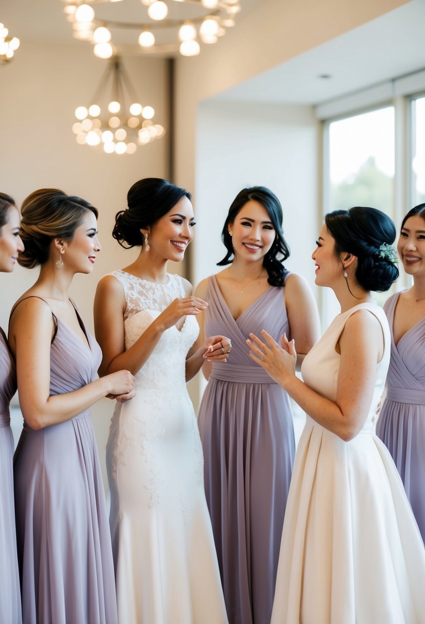 A group of bridesmaids discussing dress options with smiles and nods, showing consideration and respect for each other's preferences