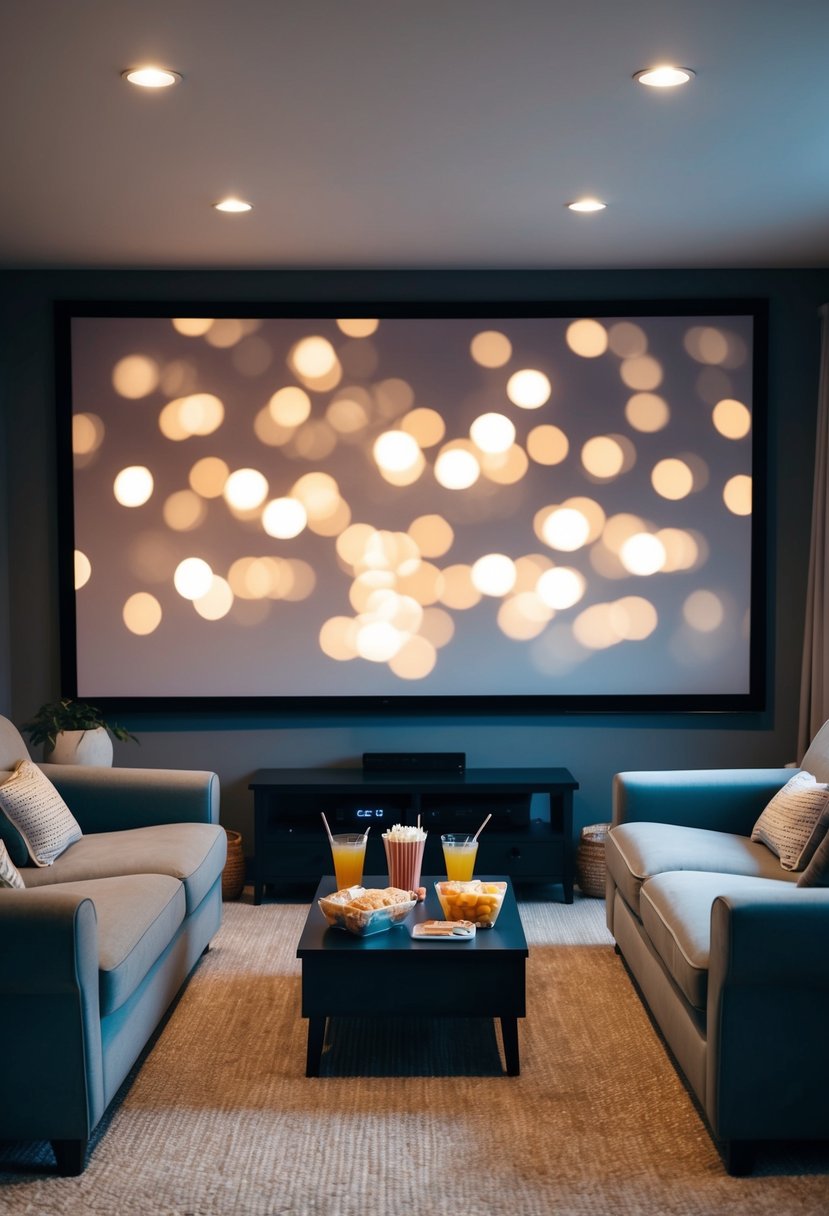 A cozy living room with a large screen, two separate comfy seating areas, and a table filled with snacks and drinks for a virtual movie night date