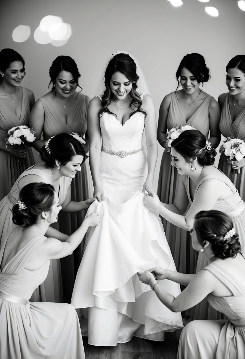 Bridesmaids gather around the bride, holding her dress as she steps into it, ensuring she is ready for the wedding day