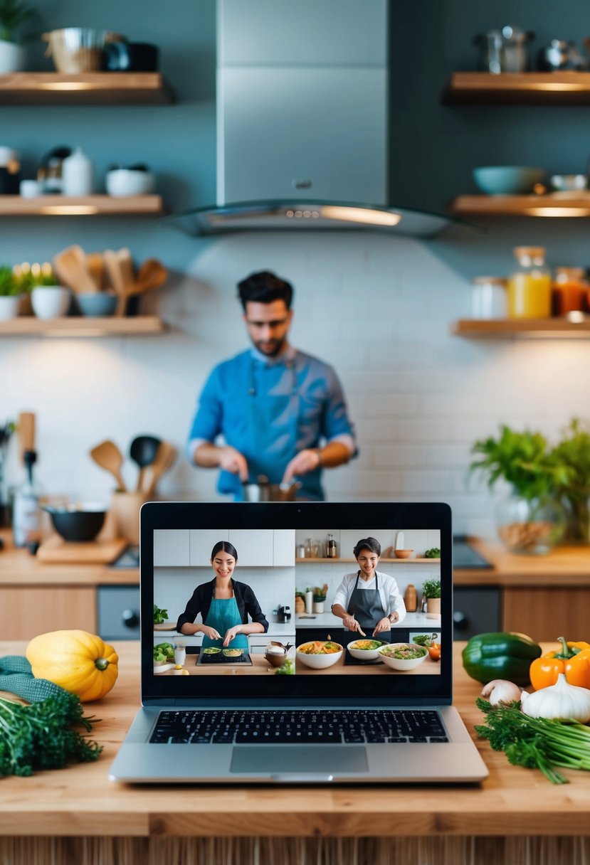 A laptop on a kitchen counter displays a video call between two individuals cooking simultaneously in their respective kitchens, surrounded by ingredients and utensils