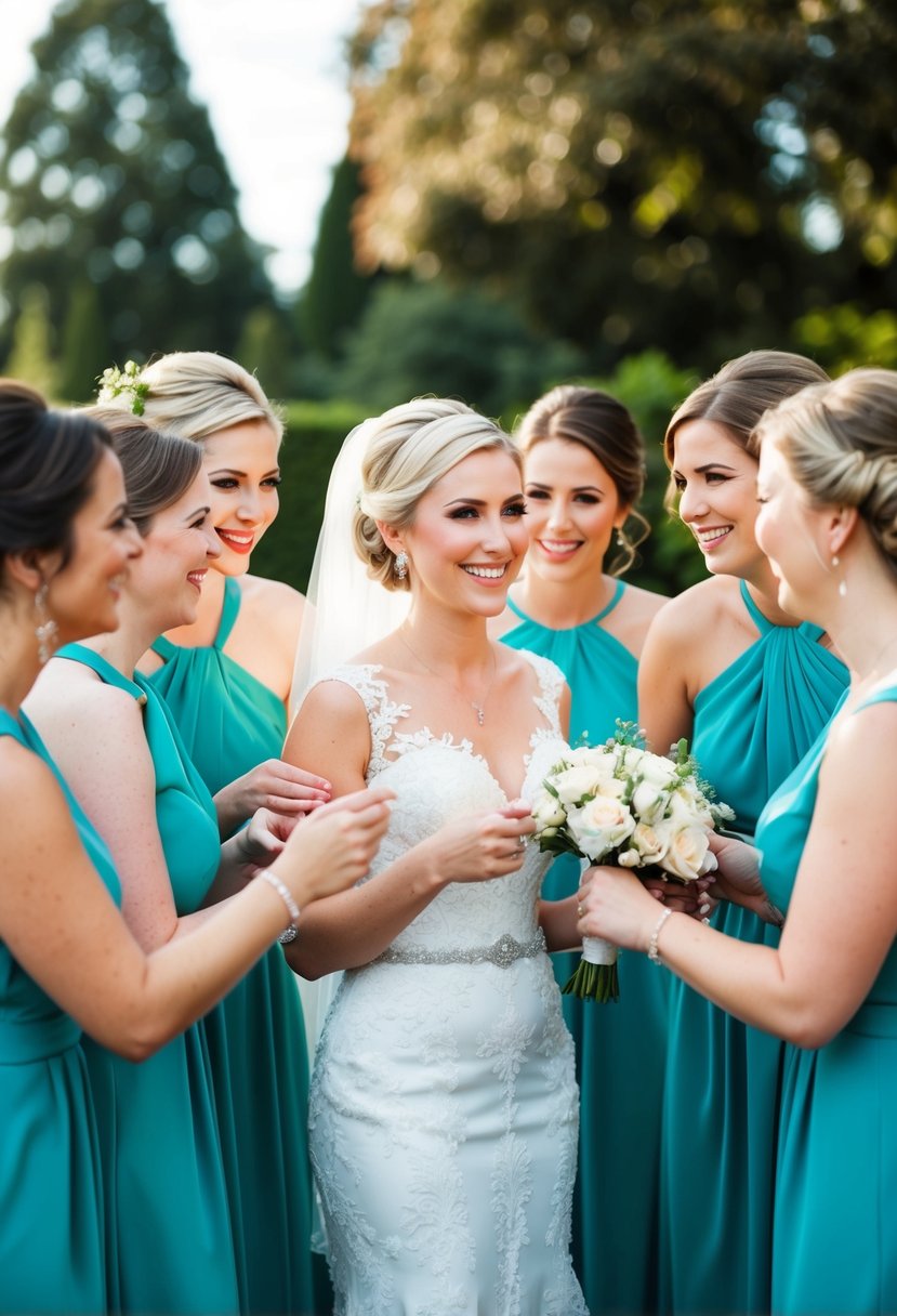 A group of bridesmaids surround the bride, smiling and admiring her in her wedding gown, offering words of encouragement and support