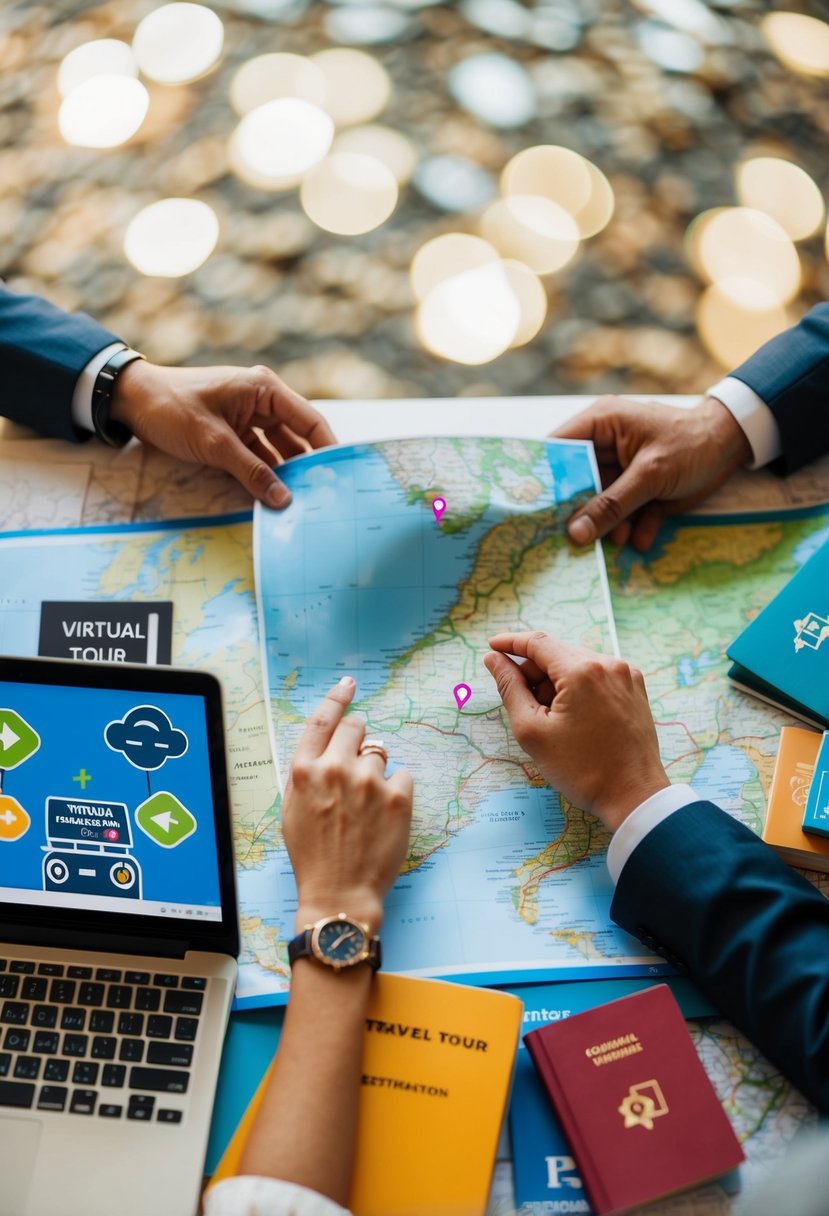 A couple's hands holding a map with destination points marked, surrounded by travel guides and a laptop showing virtual tour options