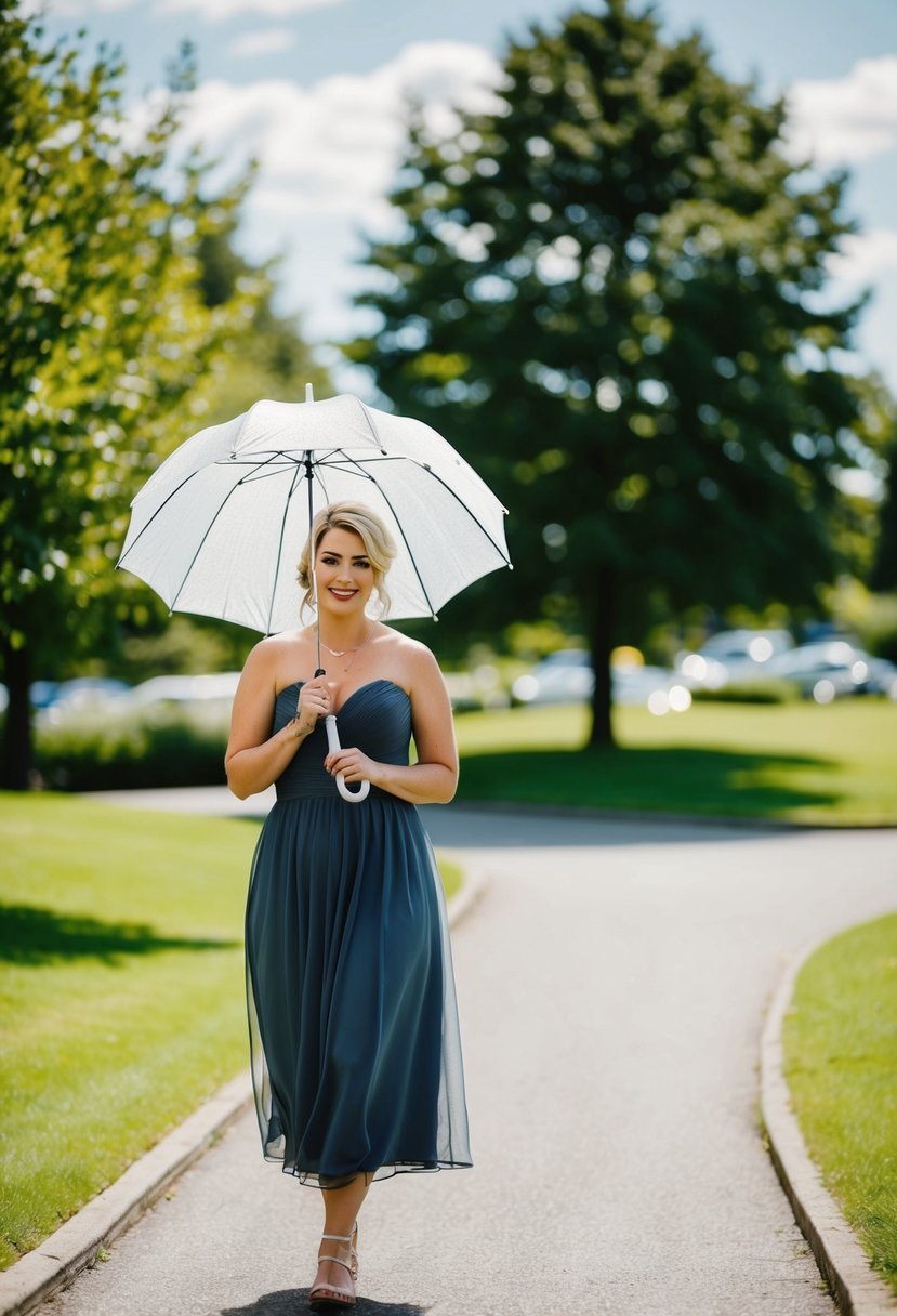 A bridesmaid holds a small umbrella while walking to the wedding venue on a sunny day