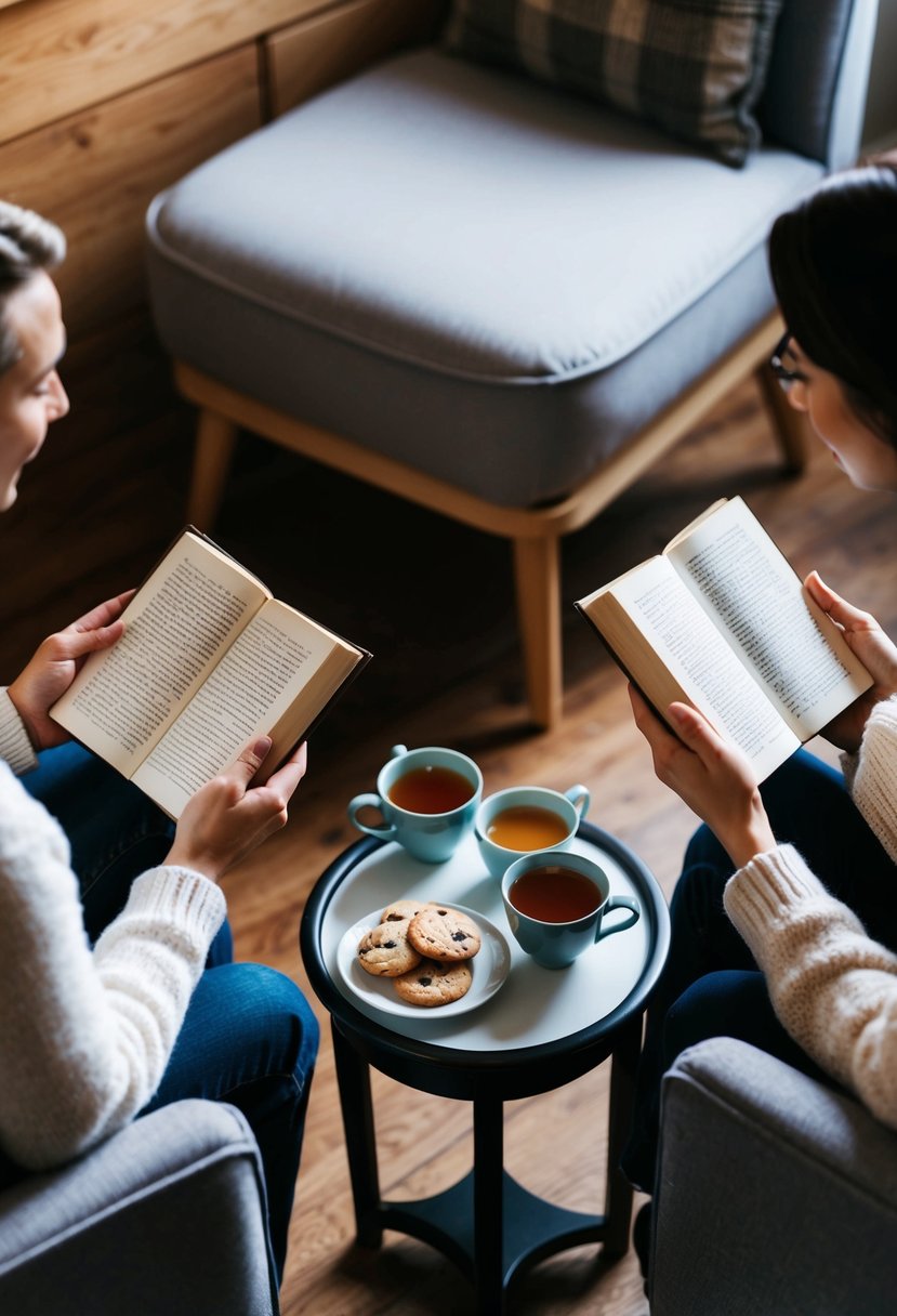 Two people sitting in cozy chairs, each holding a book. A small table with cups of tea and a plate of cookies between them. A warm, inviting atmosphere