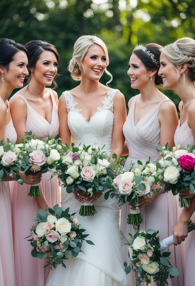 Bridesmaids gather with bouquets and accessories, ready for wedding day activities