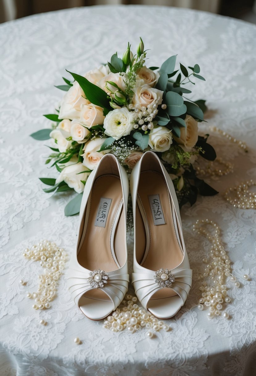 A bride's bouquet and wedding shoes laid out on a lace tablecloth, surrounded by scattered pearls and delicate floral arrangements