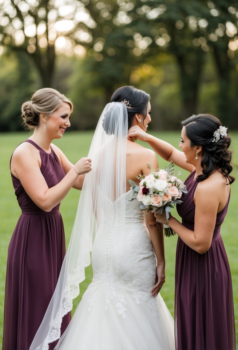 A bridesmaid helping the bride with her veil, another bridesmaid adjusting her train, and a third bridesmaid holding her bouquet