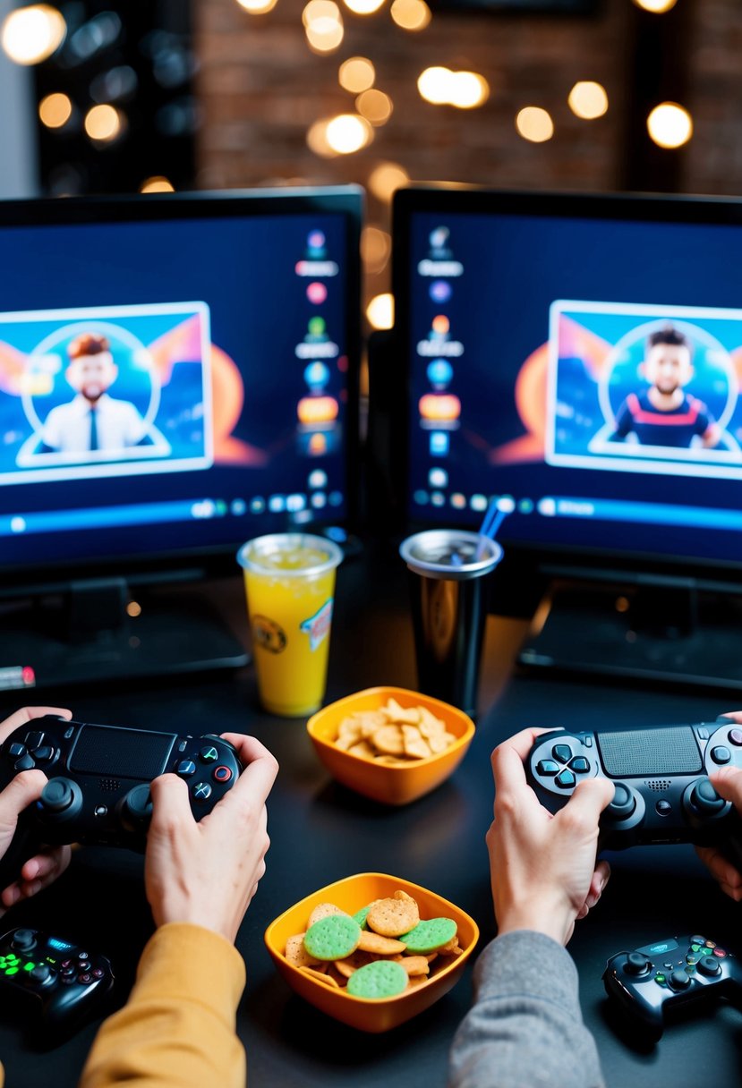 A pair of gaming consoles connected online, with two avatars playing together in a virtual world, surrounded by snacks and drinks