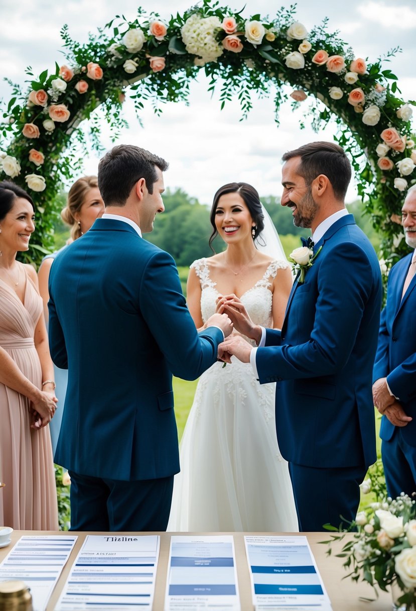 A bride and groom exchange vows under a flower-covered arch, surrounded by family and friends. A timeline of events is laid out on a nearby table