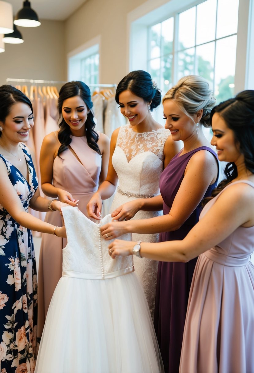 Bridesmaids selecting dresses in a boutique, considering the bride's color scheme and style for the wedding