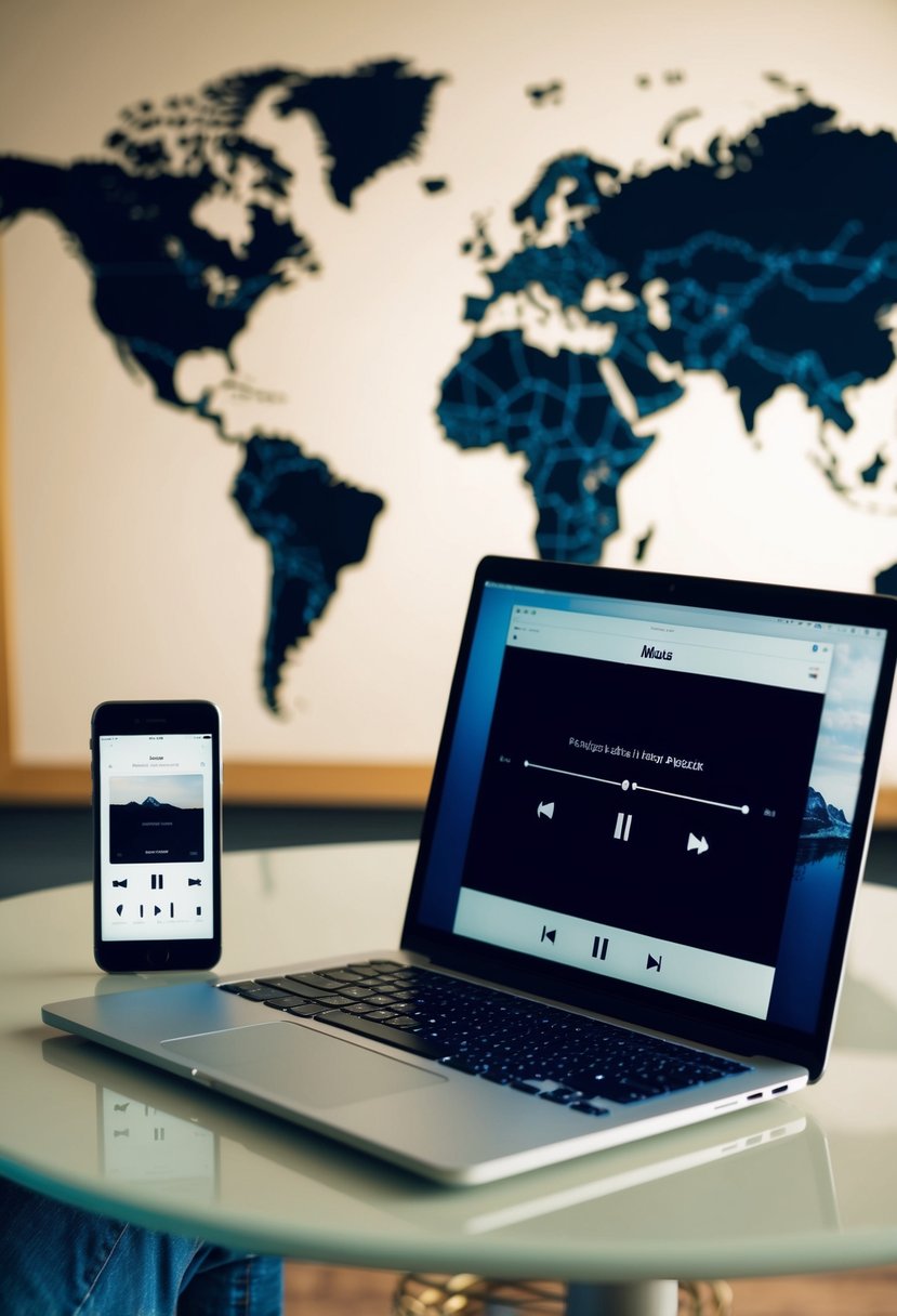 A laptop and smartphone on a table, each displaying a music playlist. A map of the world in the background, symbolizing the distance between the two people