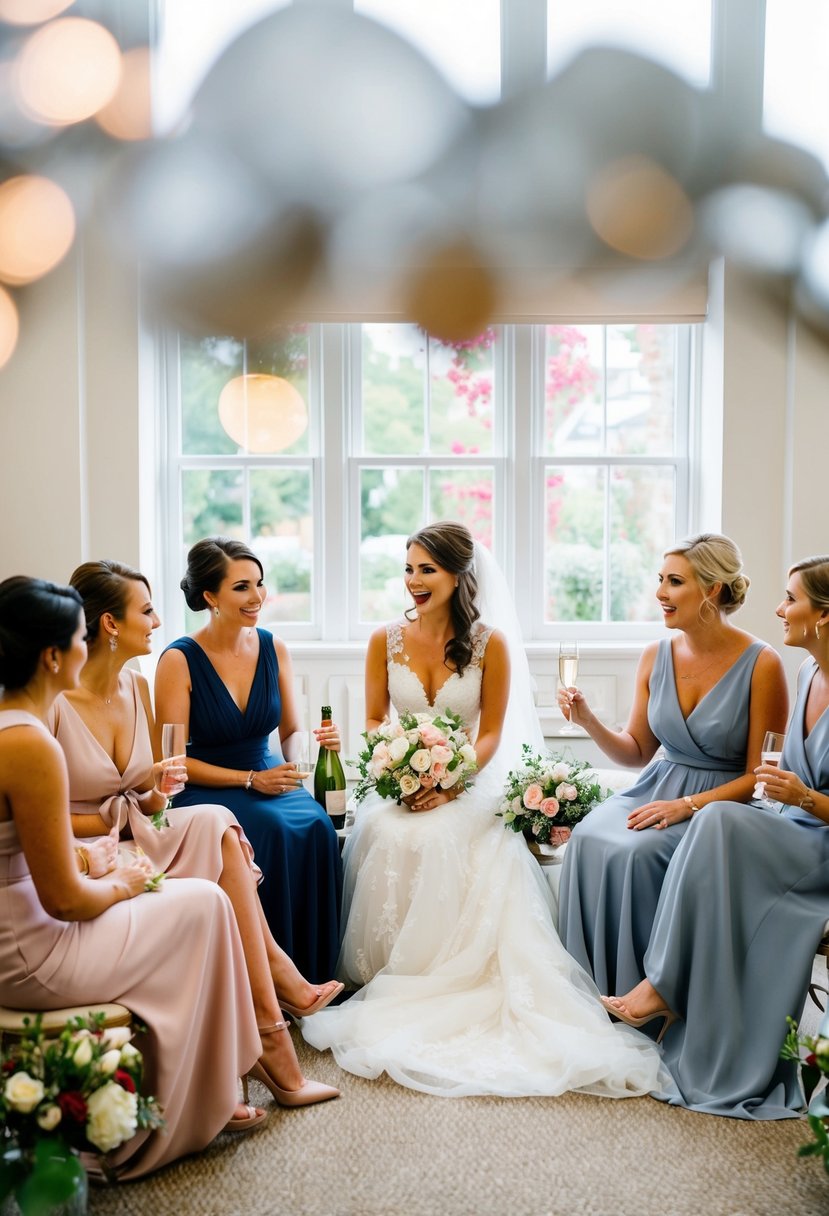 A group of bridesmaids and the bride sit in a circle, engaged in open and honest conversation. They are surrounded by wedding day essentials like dresses, flowers, and champagne