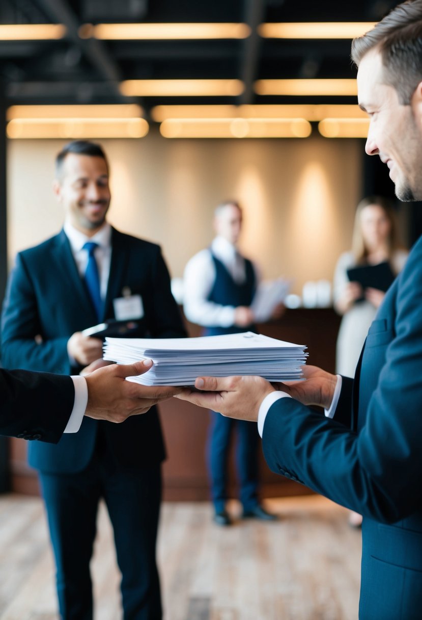 A person handing over a stack of papers to a venue staff member