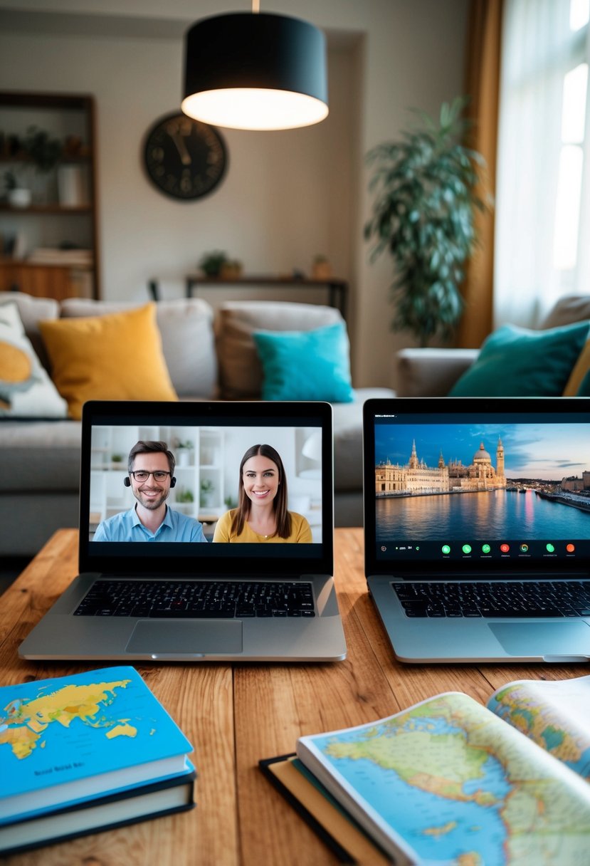 A cozy living room with two laptops open on a coffee table, showing a video call between two people. A map and travel books are scattered around, and a virtual tour of a foreign city is playing on one of the screens