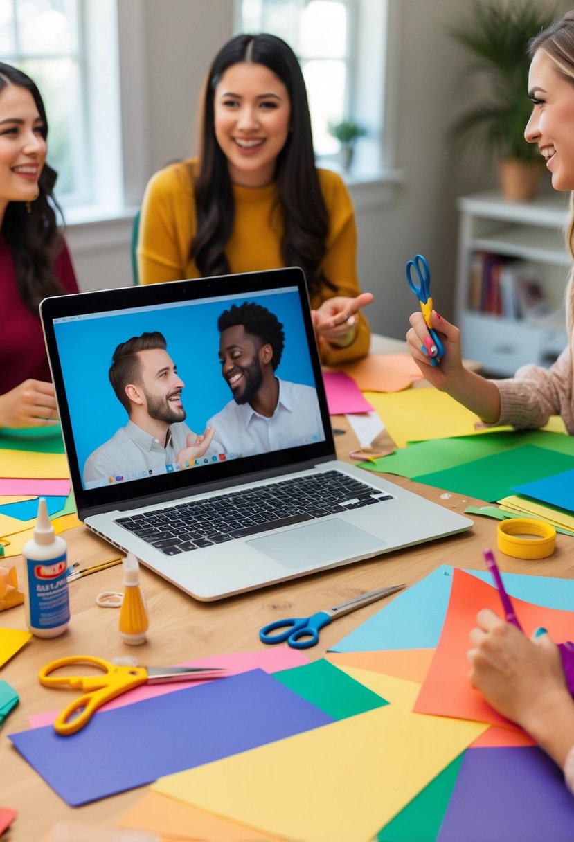 A table strewn with colorful paper, glue, scissors, and paintbrushes. A laptop displaying two faces chatting eagerly