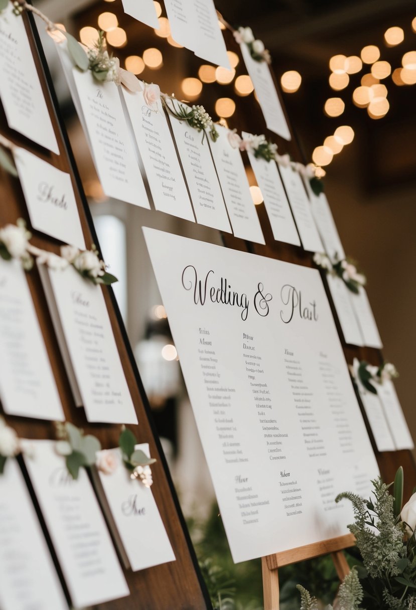 A wedding seating chart and table plan being arranged with place cards and decorations