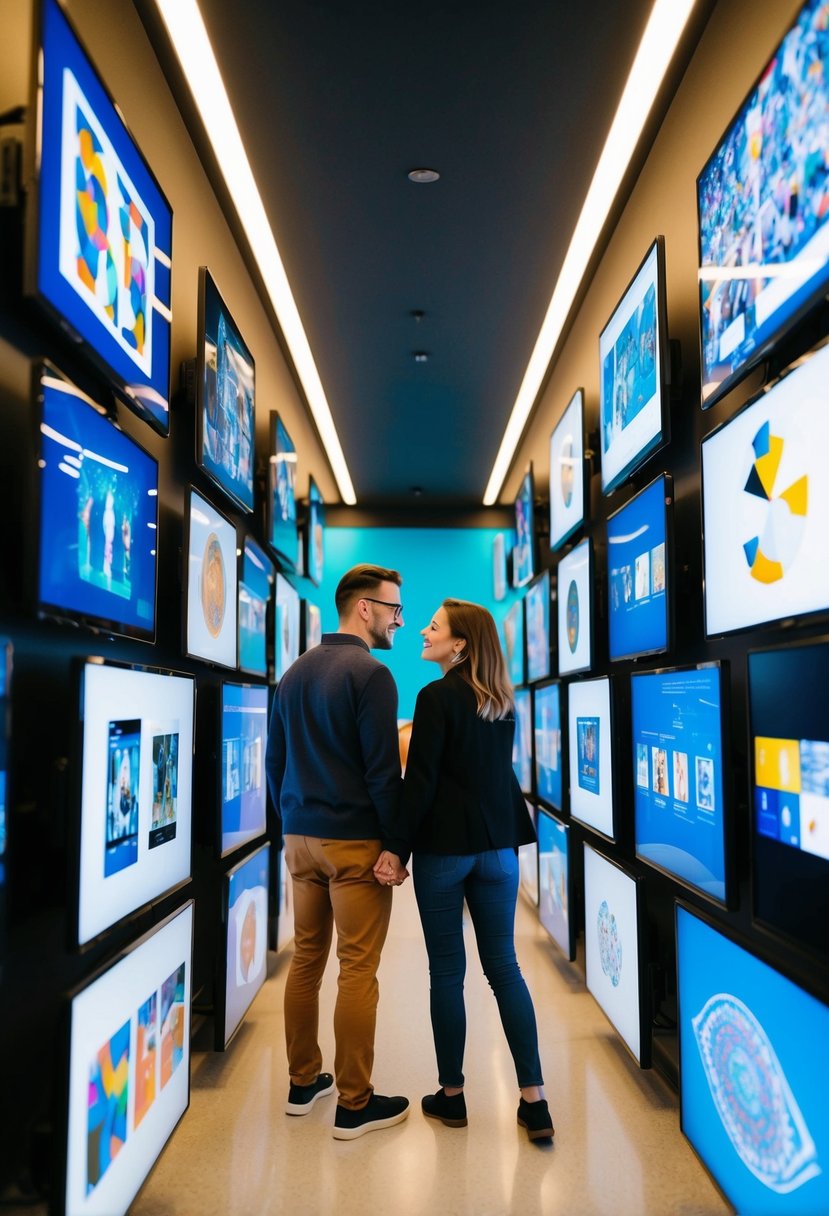 A couple explores a virtual museum, surrounded by digital artwork and artifacts displayed on their screens