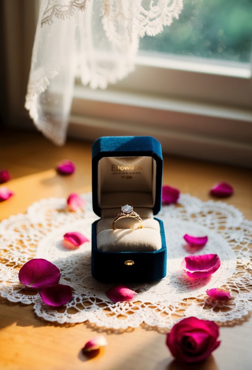 A small jewelry box sits on a table, surrounded by scattered rose petals and a delicate lace veil. Sunlight streams through a nearby window, casting a warm glow on the rings inside