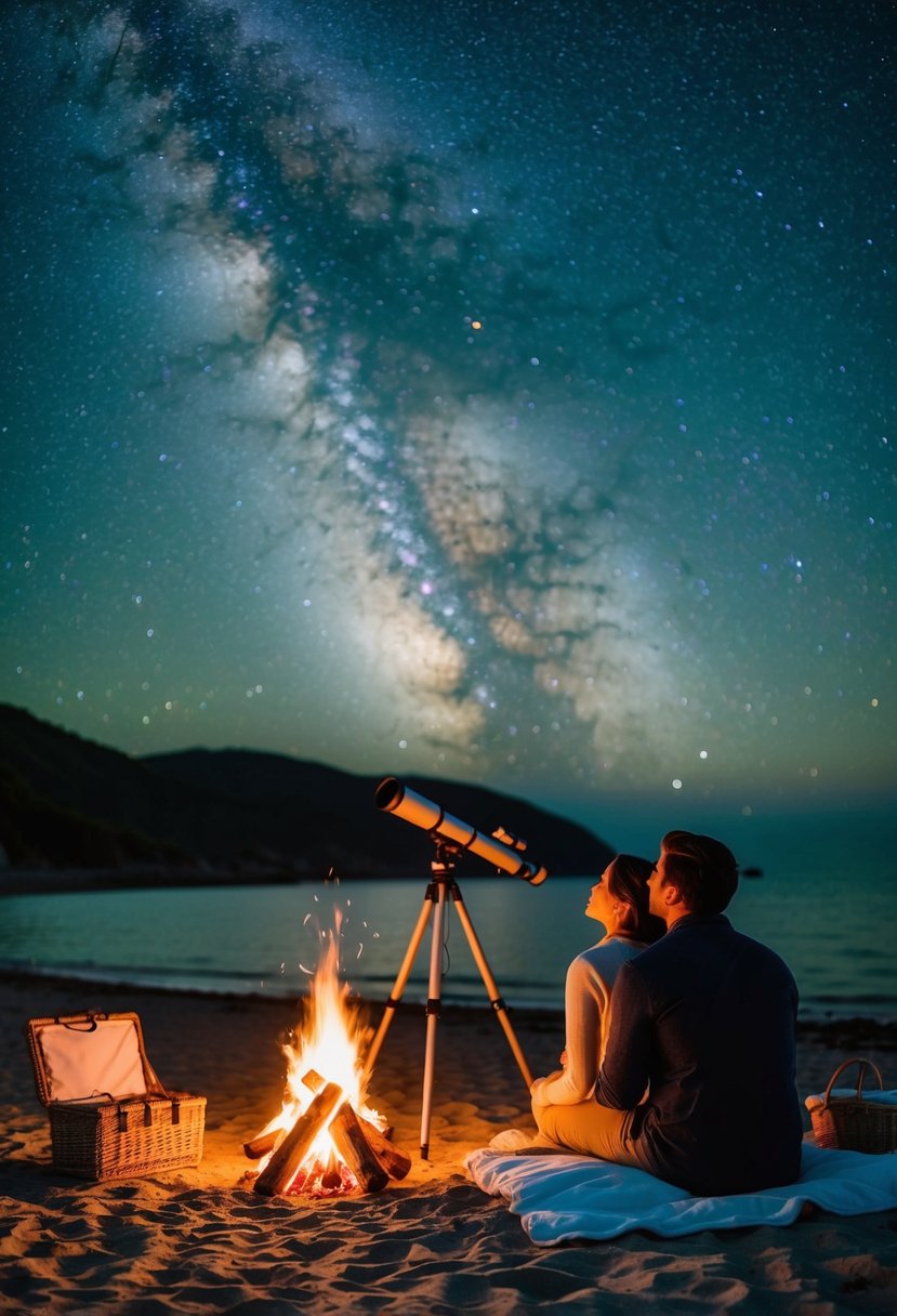 A couple stargazing on a remote beach, surrounded by a bonfire, with a telescope and a picnic basket nearby