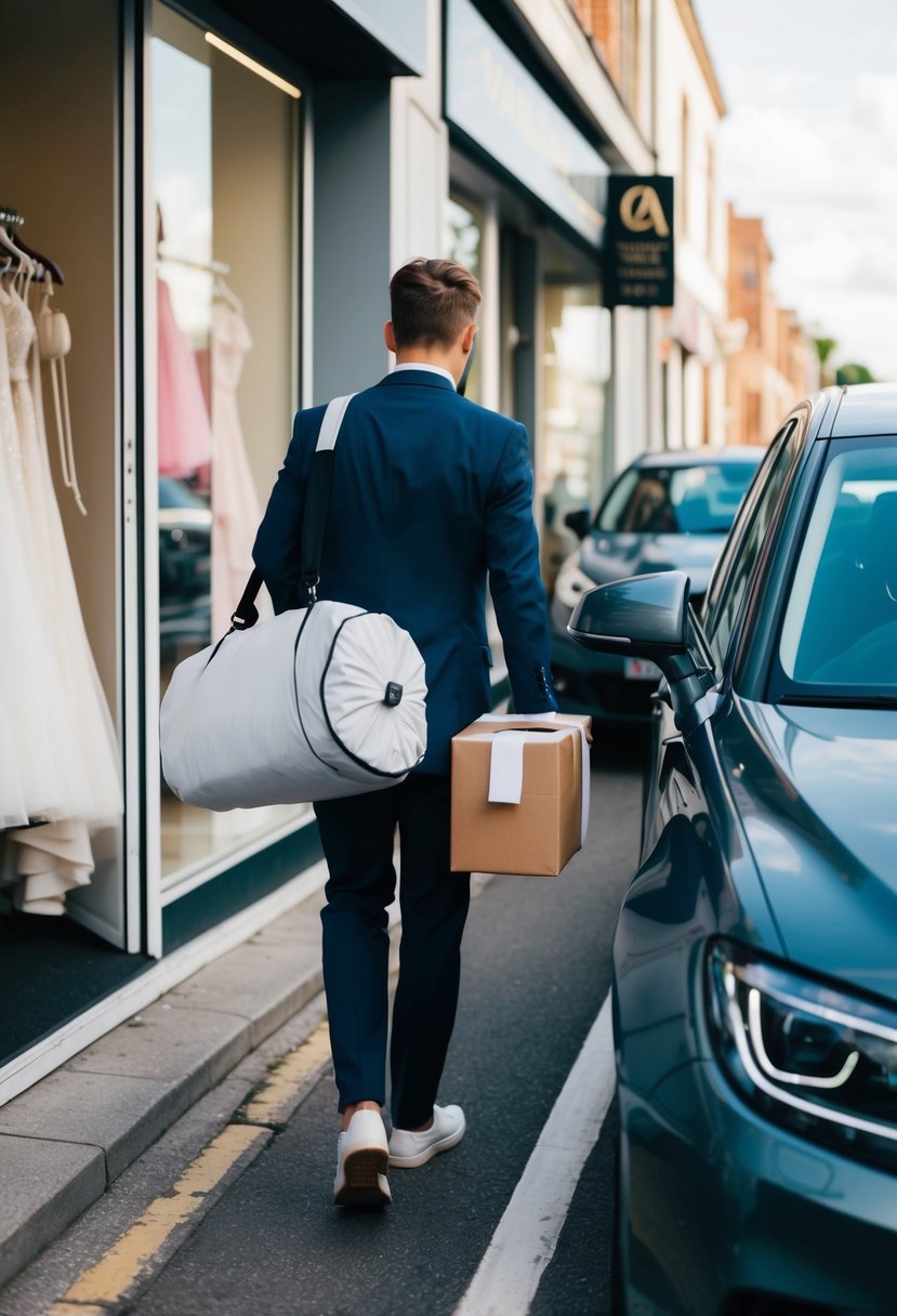 A person carrying a garment bag and a box of accessories walks out of a bridal shop, heading towards a car parked on the street