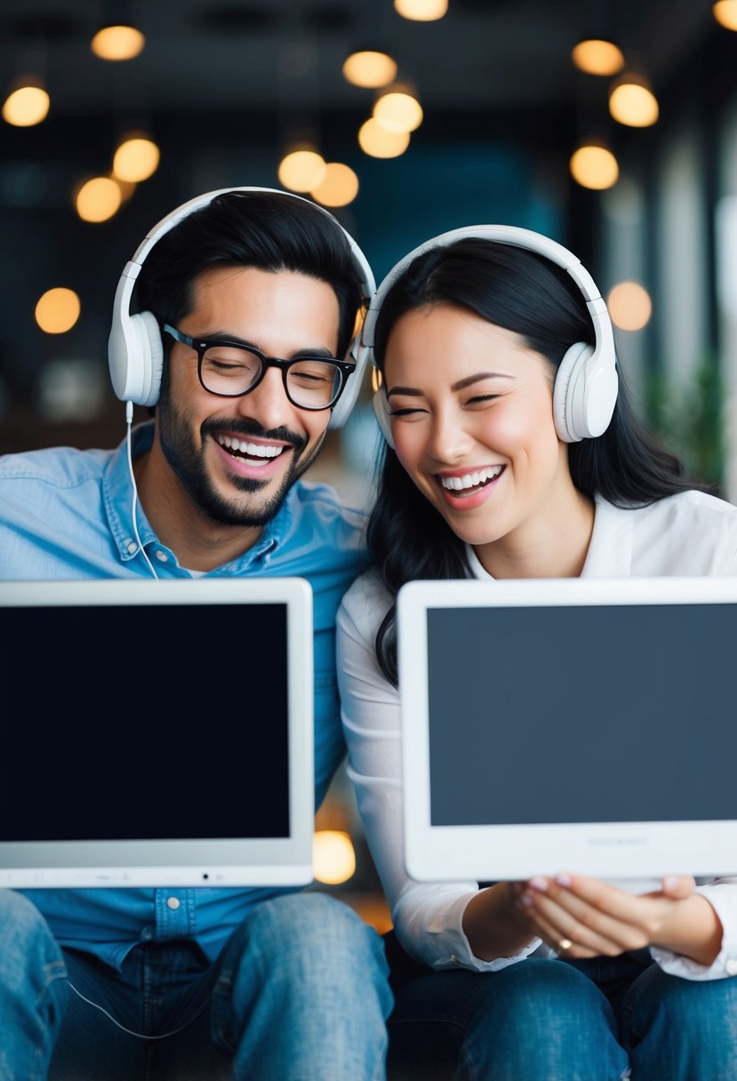 Two people sitting in front of their respective screens, with headphones on, watching the same show together while laughing and enjoying each other's company