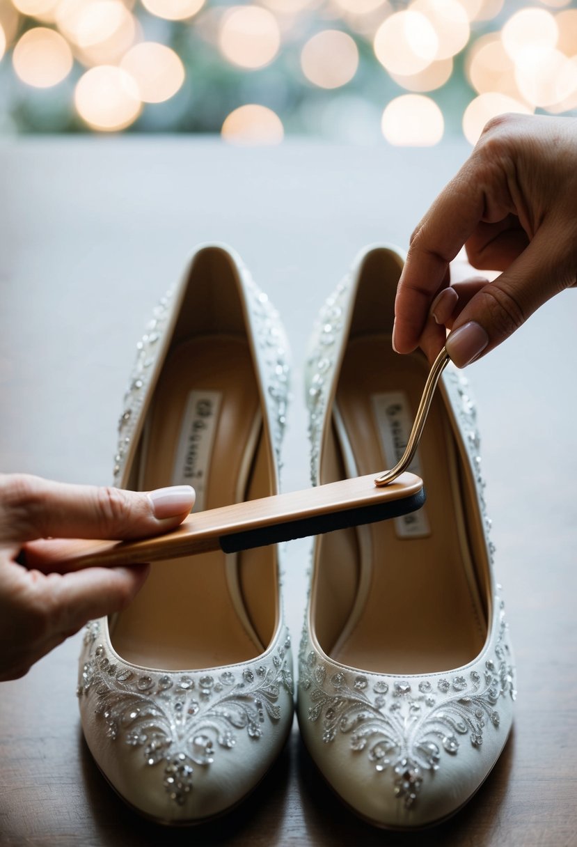 A pair of elegant wedding shoes being stretched and worn in by a shoehorn